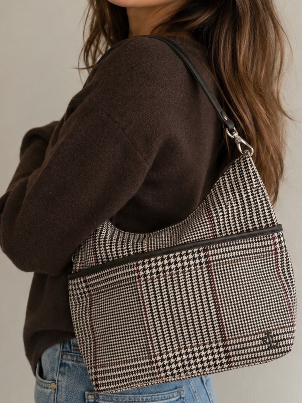 Lauren by Ralph Lauren Brown Cream Tweed / Herringbone Shoulder Bag